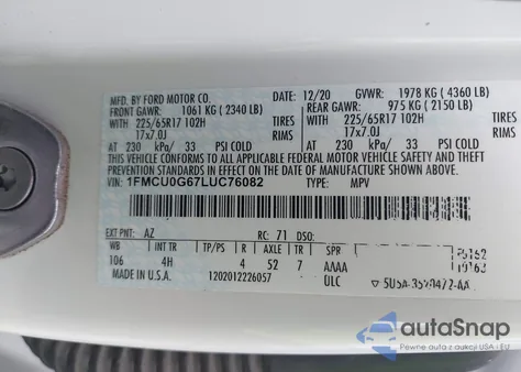 2020 Ford Escape Se z USA, uszkodzony, nr VIN 1FMCU0G67LUC76082